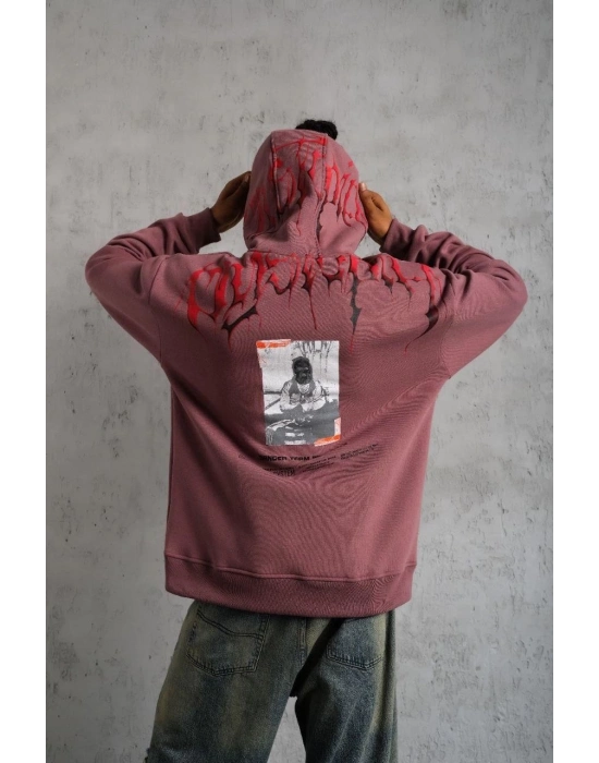 Ön ve Arka Baskılı Kapüşonlu 3 İplik Sweatshirt - Gül Kurusu