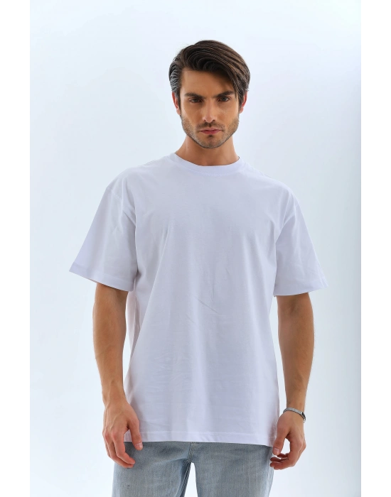 Oversize Düz Bisiklet Yaka T-Shirt - Beyaz