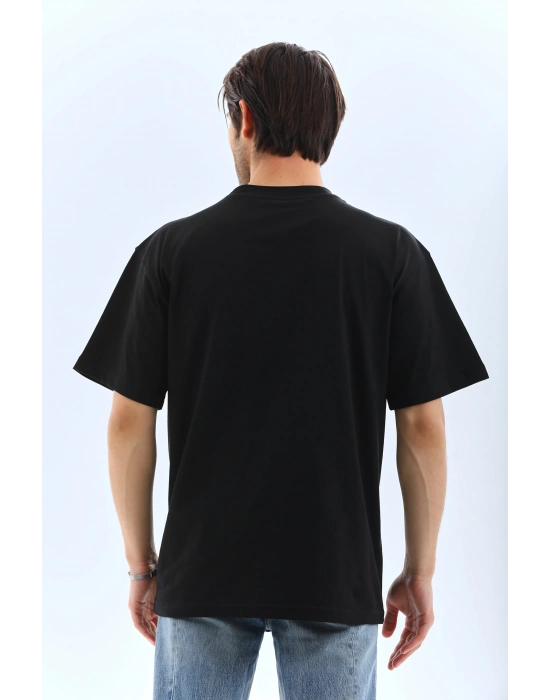 Oversize Düz Bisiklet Yaka T-Shirt - Siyah