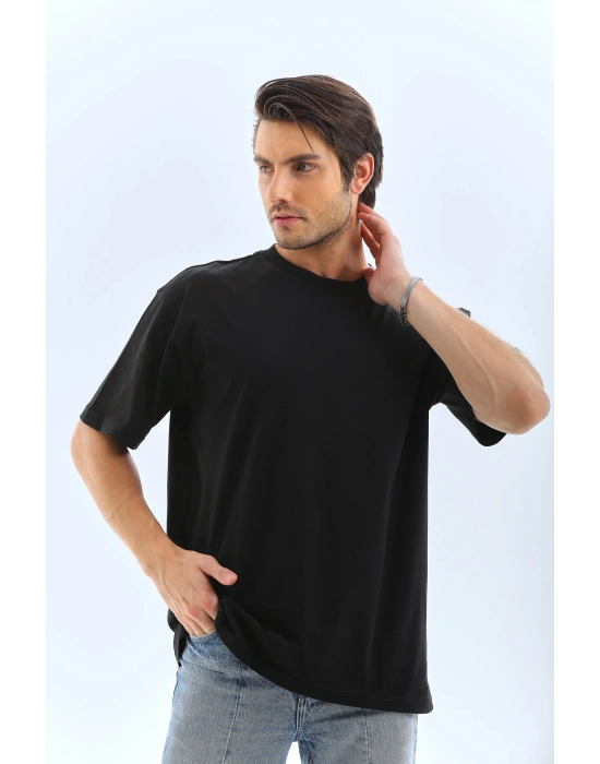 Oversize Düz Bisiklet Yaka T-Shirt - Siyah