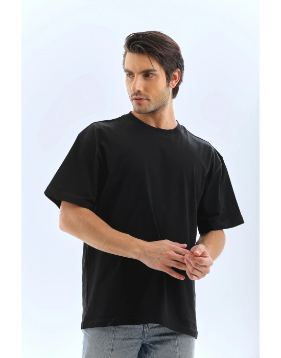 Oversize Düz Bisiklet Yaka T-Shirt - Siyah