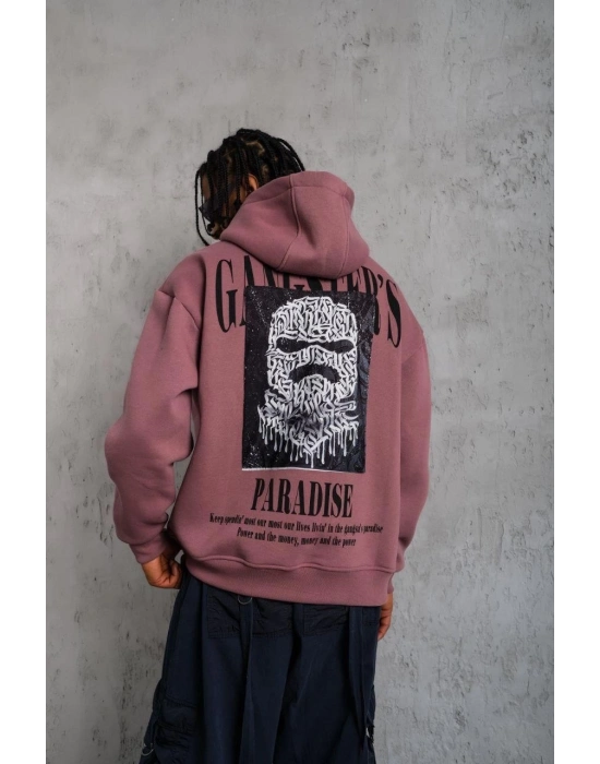 Paradise Baskılı Kapüşonlu Sweat - Gül Kurusu