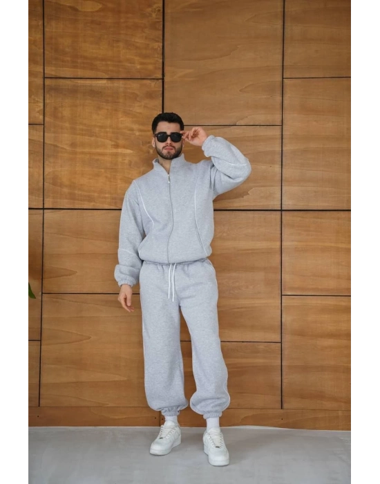 Premium Parçalı Eşofman Takım - Dik Yaka Fermuarlı Biyeli Sweatshirt Lastik Paça Alt, Oversize 3 iplik Şardonlu - Gri -