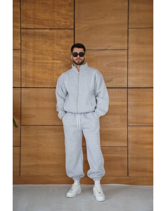 Premium Parçalı Eşofman Takım - Dik Yaka Fermuarlı Biyeli Sweatshirt Lastik Paça Alt, Oversize 3 iplik Şardonlu - Gri -