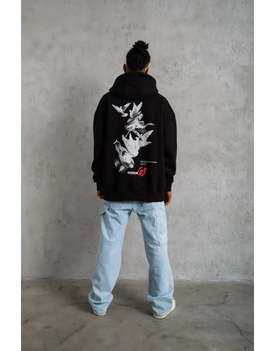 Şapkalı Güvercin Baskılı Kapşonlu Sweat - Siyah
