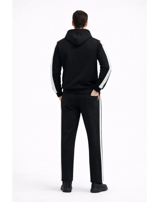 Şeritli Eşofman Takım Kapüşonlu Sweatshirt Boru Paça Alt, Oversize 3 iplik Pamuklu - Siyah