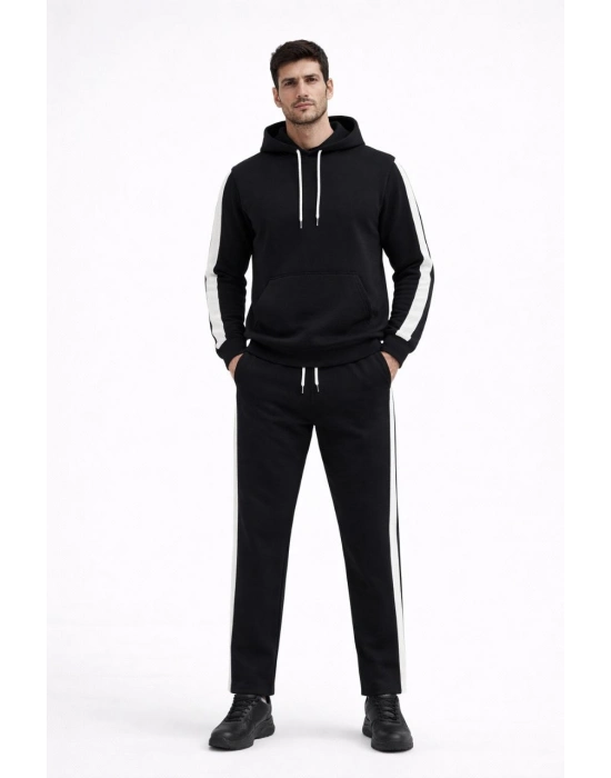 Şeritli Eşofman Takım Kapüşonlu Sweatshirt Boru Paça Alt, Oversize 3 iplik Pamuklu - Siyah