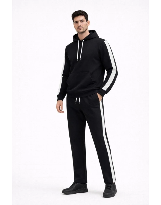 Şeritli Eşofman Takım Kapüşonlu Sweatshirt Boru Paça Alt, Oversize 3 iplik Pamuklu - Siyah