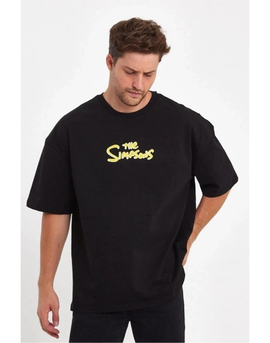 Sırt Baskılı Bisiklet Yaka Oversize T-shirt - Siyah