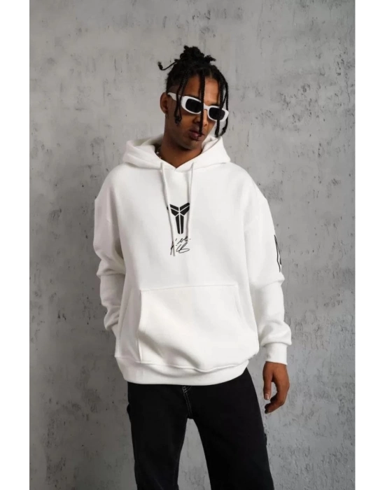 Sırt Baskılı Kapüşonlu Üç İplik Oversize Sweatshirt - Beyaz