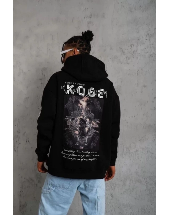 Sırt Baskılı Kapüşonlu Üç İplik Oversize Sweatshirt - Siyah
