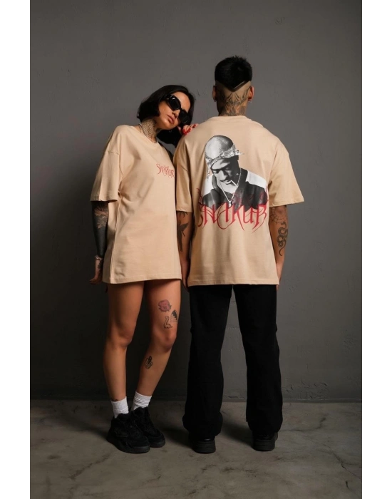 Sırt Baskılı Oversize T-shirt - Bej