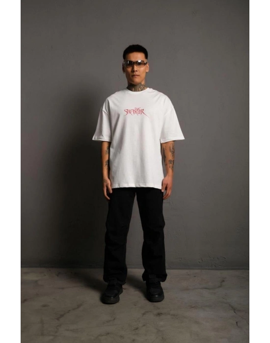 Sırt Baskılı Oversize T-Shirt - Beyaz