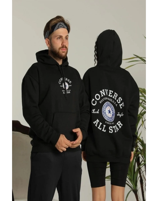Sırt Baskılı Oversize Üç İplik Kapüşonlu Hoodie Sweatshirt - Siyah