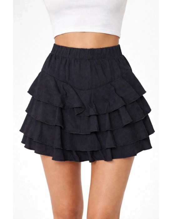 Siyah Katlı Mini Fırfıtlı Etek Lastikli Yüksel Bel, Volanlı Tasarım, Rahat Kalıp, Günlük ve Şık Kombinelere Uygun Yazlık Etek - Siyah
