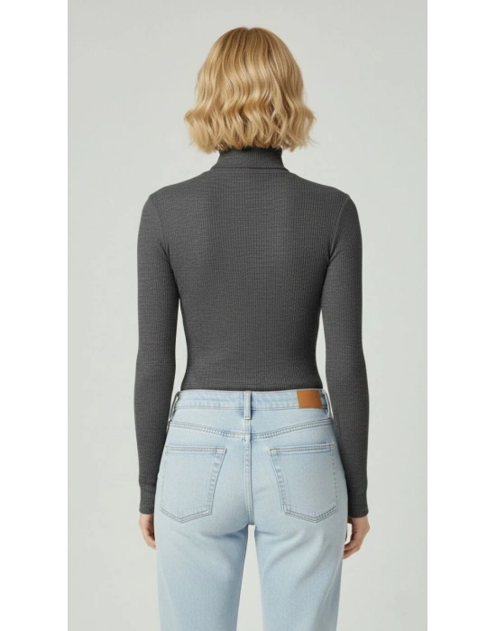 Tam Boğazlı Fitilli Likrali Kaşkorse Badi İnce Uzun Kollu Kazak - Antrasit