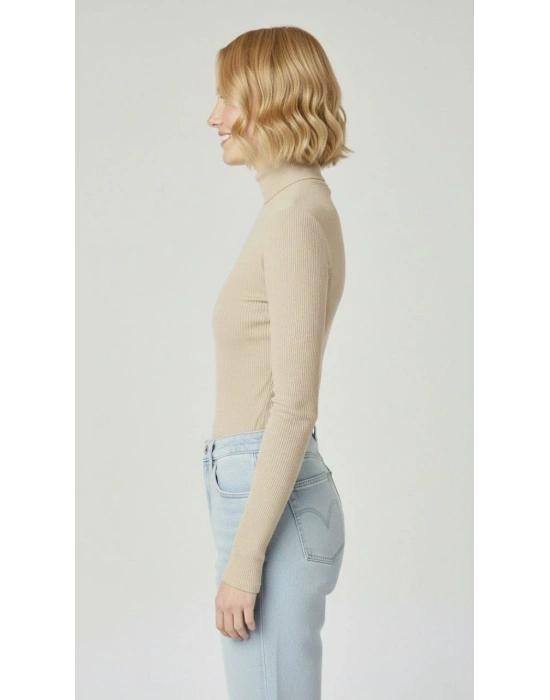 Tam Boğazlı Fitilli Likrali Kaşkorse Badi İnce Uzun Kollu Kazak - Bej