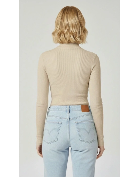 Tam Boğazlı Fitilli Likrali Kaşkorse Badi İnce Uzun Kollu Kazak - Bej