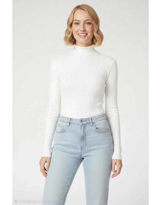 Tam Boğazlı Fitilli Likrali Kaşkorse Badi İnce Uzun Kollu Kazak - Beyaz