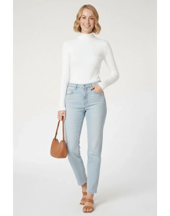 Tam Boğazlı Fitilli Likrali Kaşkorse Badi İnce Uzun Kollu Kazak - Beyaz