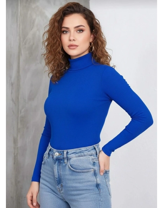 Tam Boğazlı Fitilli Likrali Kaşkorse Badi İnce Uzun Kollu Kazak - Saks Mavisi