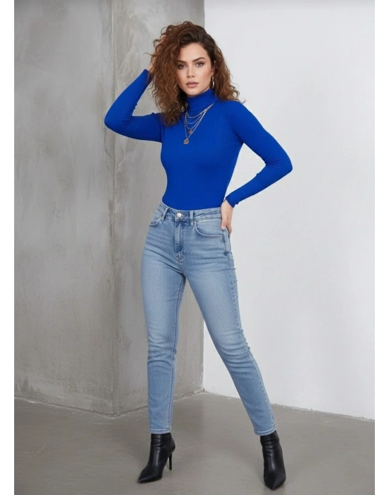 Tam Boğazlı Fitilli Likrali Kaşkorse Badi İnce Uzun Kollu Kazak - Saks Mavisi