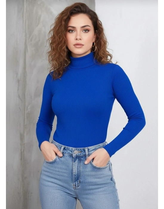 Tam Boğazlı Fitilli Likrali Kaşkorse Badi İnce Uzun Kollu Kazak - Saks Mavisi