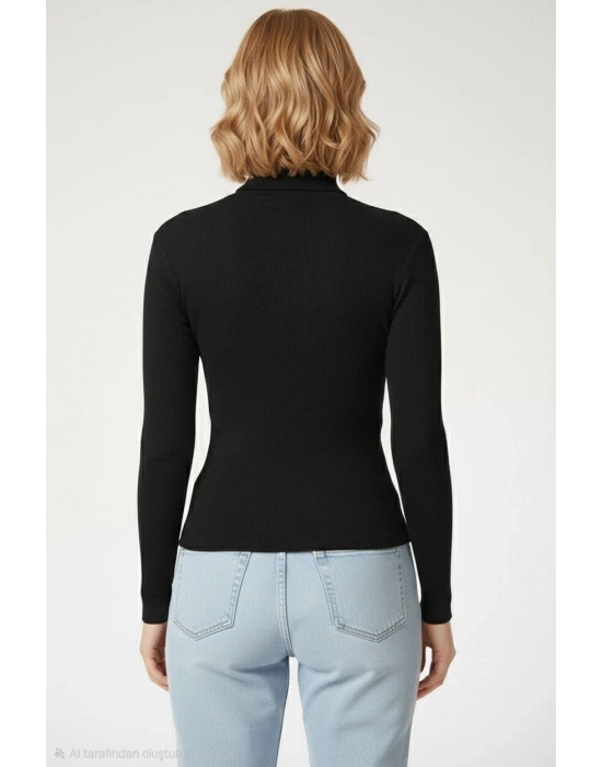 Tam Boğazlı Fitilli Likrali Kaşkorse Badi İnce Uzun Kollu Kazak - Siyah