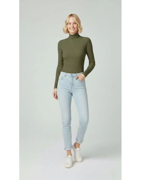 Tam Boğazlı Fitilli Likrali Kaşkorse Badi İnce Uzun Kollu Rahat Kazak - Haki