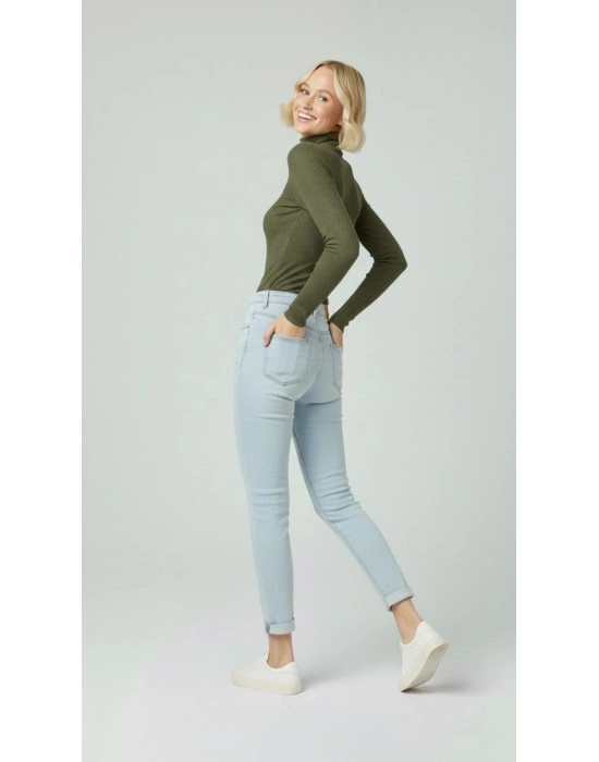 Tam Boğazlı Fitilli Likrali Kaşkorse Badi İnce Uzun Kollu Rahat Kazak - Haki