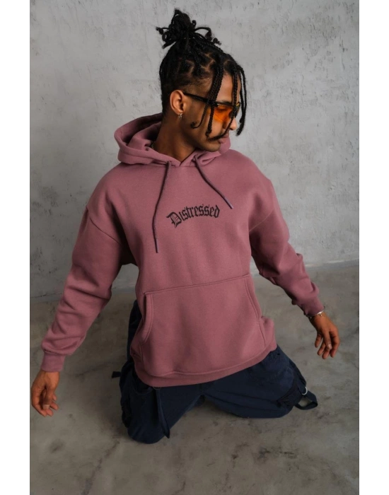 Üç İplik Baskılı Kapüşonlu Sweat - Gül Kurusu