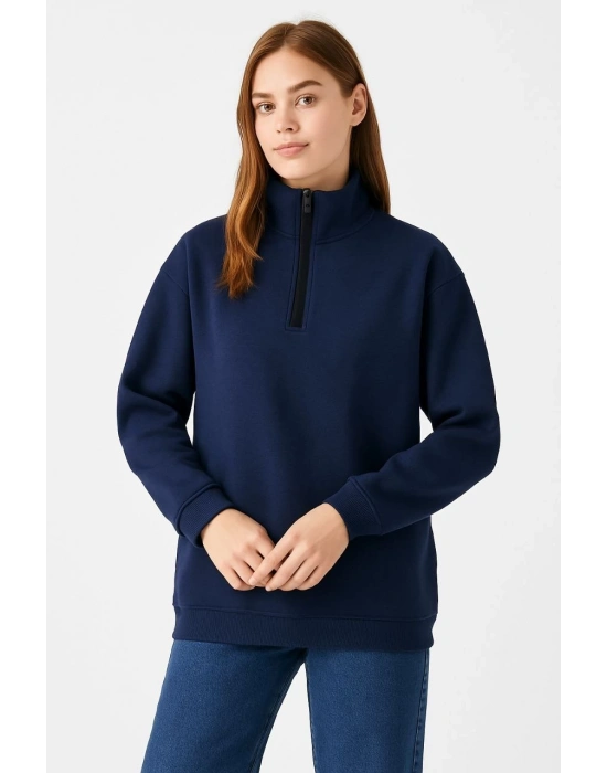 Üç İplik Dık Yaka Yarım Fermuarlı SweatShirt - Lacivert