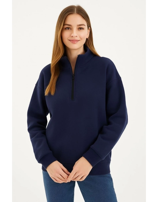 Üç İplik Dık Yaka Yarım Fermuarlı SweatShirt - Lacivert