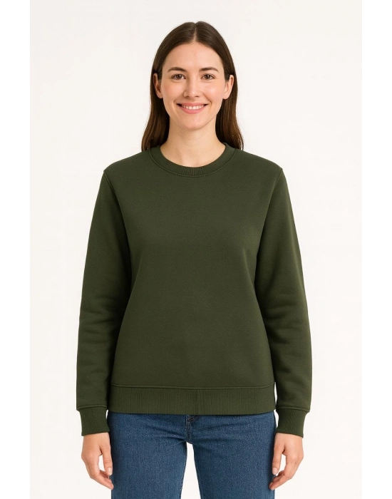 Üç İplik Düz Bisiklet Yaka SweatShirt - Haki