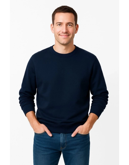 Üç İplik Düz Bisiklet Yaka SweatShirt - Lacivert