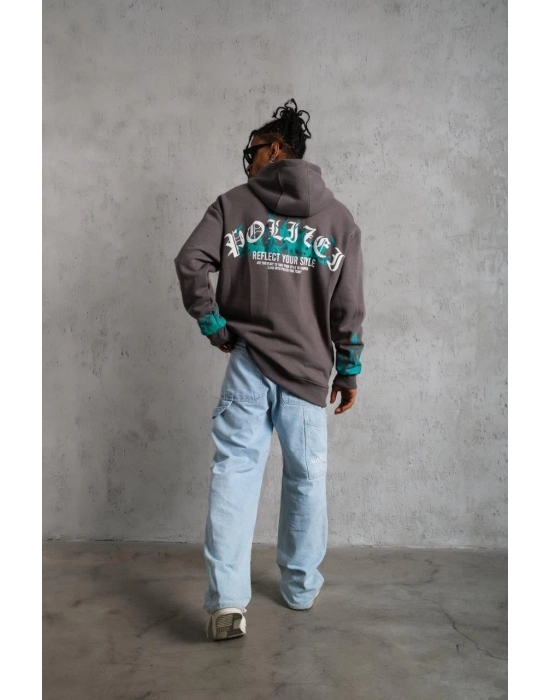 Üç İplik İçi Pamuklu Alev Baskılı Kapüşonlu Sweatshirt - Gri