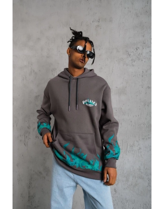 Üç İplik İçi Pamuklu Alev Baskılı Kapüşonlu Sweatshirt - Gri