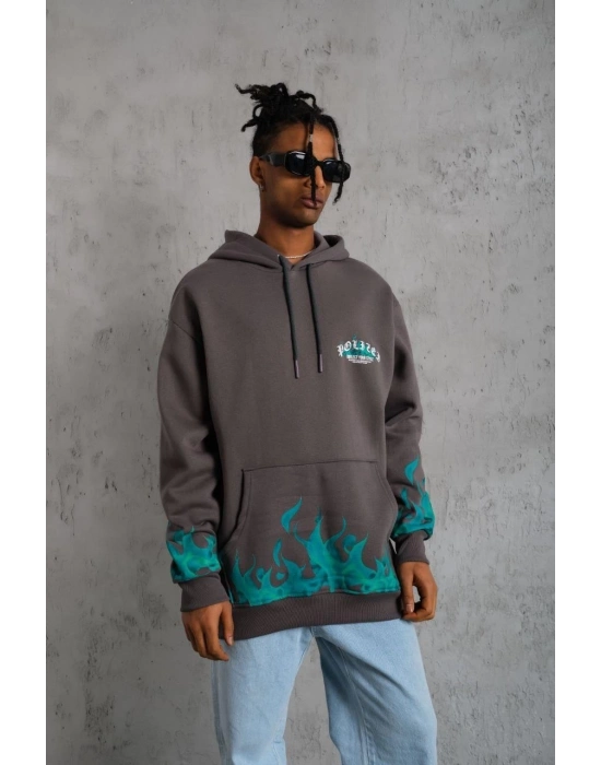 Üç İplik İçi Pamuklu Alev Baskılı Kapüşonlu Sweatshirt - Gri