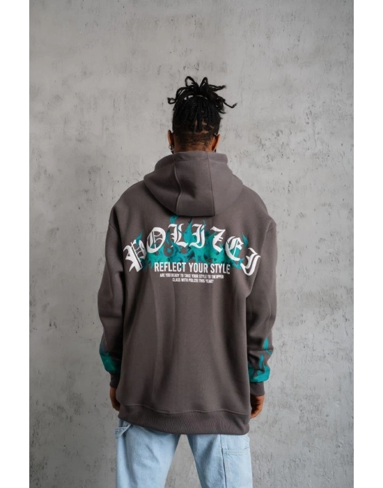 Üç İplik İçi Pamuklu Alev Baskılı Kapüşonlu Sweatshirt - Gri