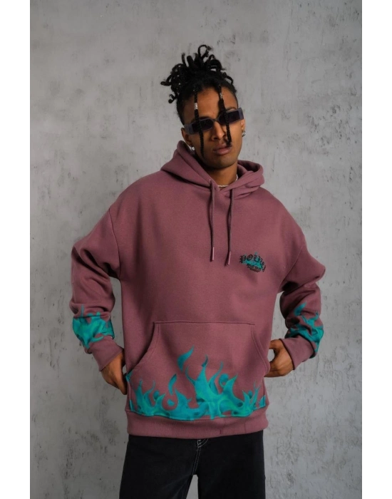 Üç İplik içi Pamuklu Alev Baskılı Kapüşonlu Sweatshirt - Gül Kurusu