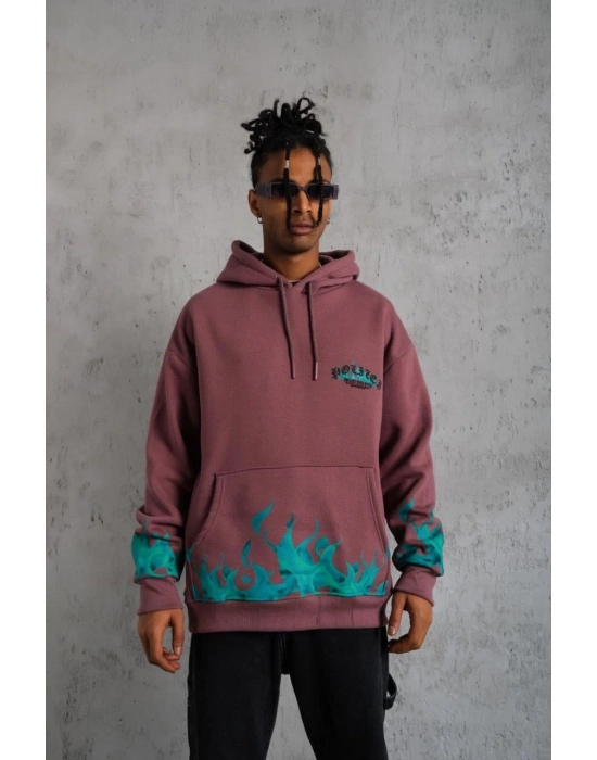 Üç İplik içi Pamuklu Alev Baskılı Kapüşonlu Sweatshirt - Gül Kurusu