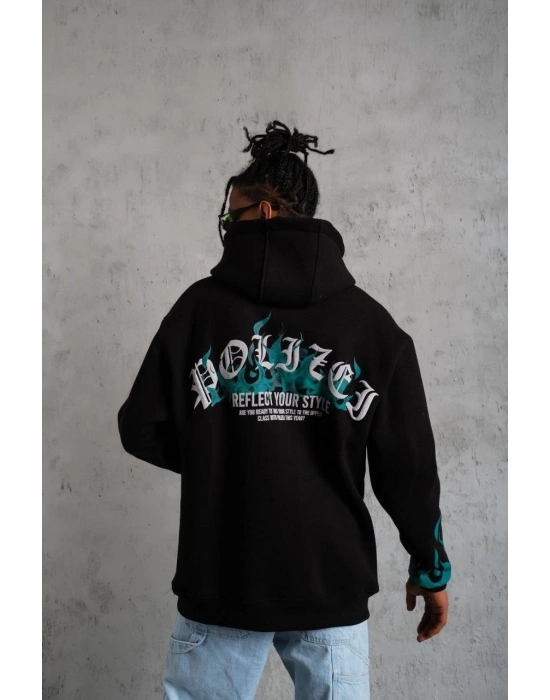 Üç İplik İçi Pamuklu Alev Baskılı Kapüşonlu Sweatshirt - Siyah