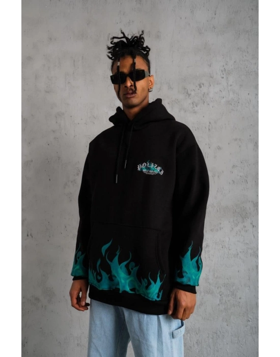 Üç İplik İçi Pamuklu Alev Baskılı Kapüşonlu Sweatshirt - Siyah