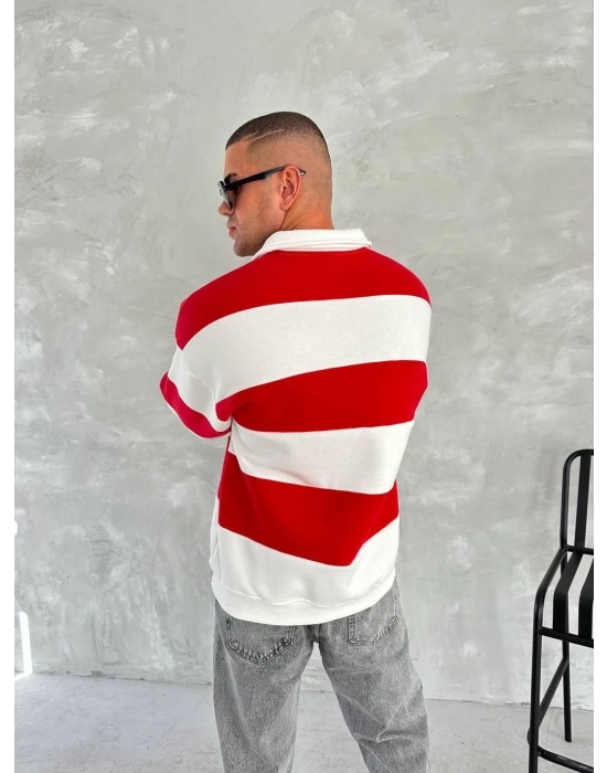 Üç İplik Parçalı Yakalı SweatShirt - Kırmızı