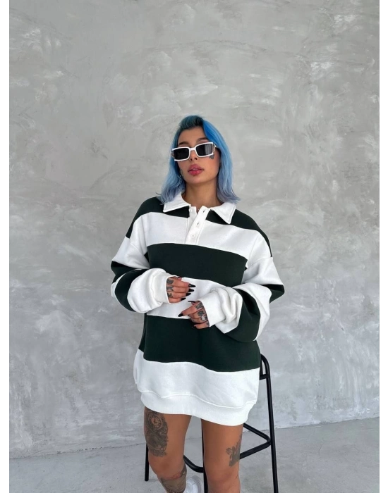 Üç İplik Parçalı Yakalı SweatShirt - Yeşil