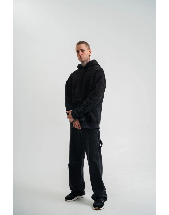 Uzun Kol Kapşonlu Yıkamalı Nakışlı SweatShirt - Siyah