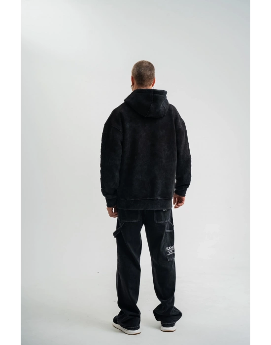 Uzun Kol Kapşonlu Yıkamalı Nakışlı SweatShirt - Siyah