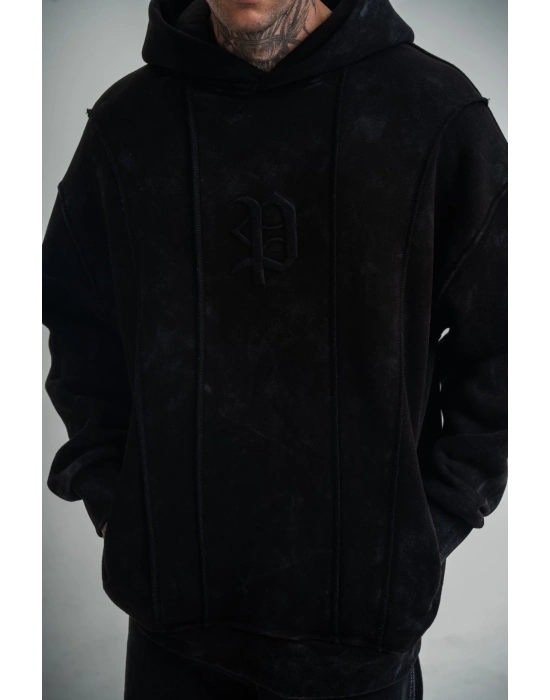 Uzun Kol Kapşonlu Yıkamalı Nakışlı SweatShirt - Siyah