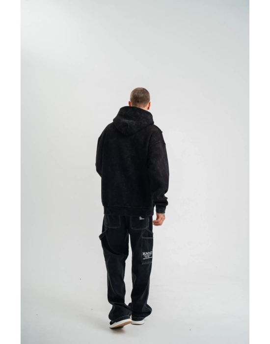 Uzun Kol Kapşonlu Yıkamalı Nakışlı SweatShirt - Siyah