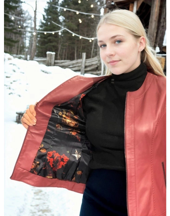 Uzun Kollu Deri Ceket - Bordo